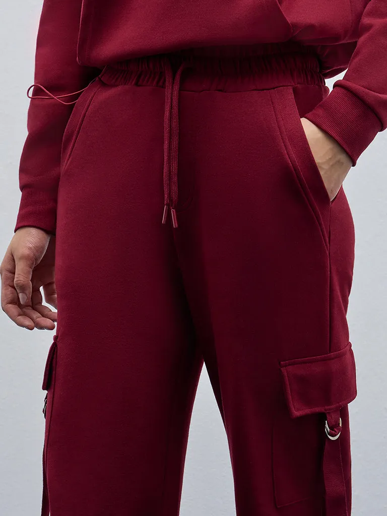 Studiofit Maroon Cargo-Style High-Rise Track Pants