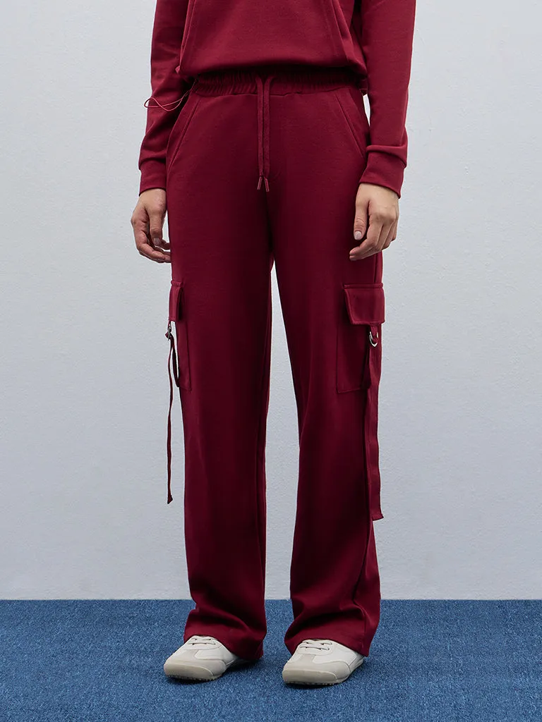 Studiofit Maroon Cargo-Style High-Rise Track Pants