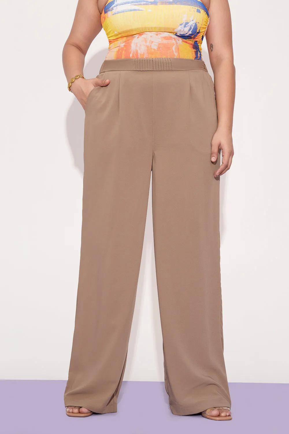 Tan Pleated Waistband Curve Korean Pants