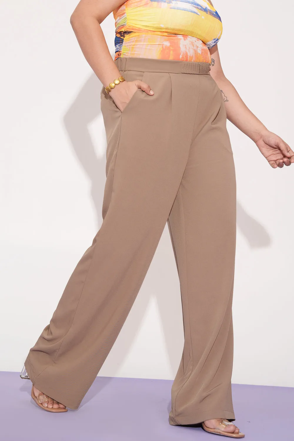 Tan Pleated Waistband Curve Korean Pants