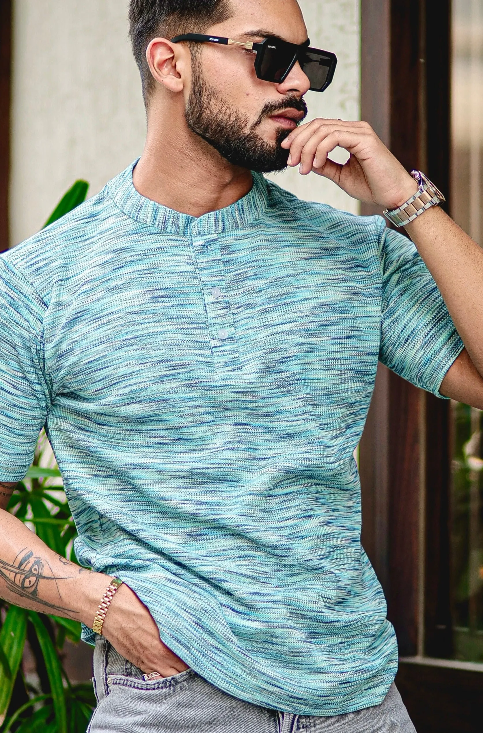 Turquoise Blue Self Design Henley T-Shirt