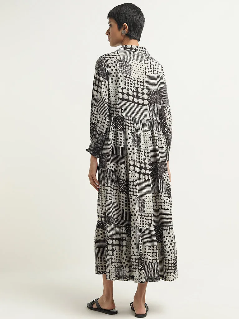 Utsa Black Geometric Design Tiered Long Dress