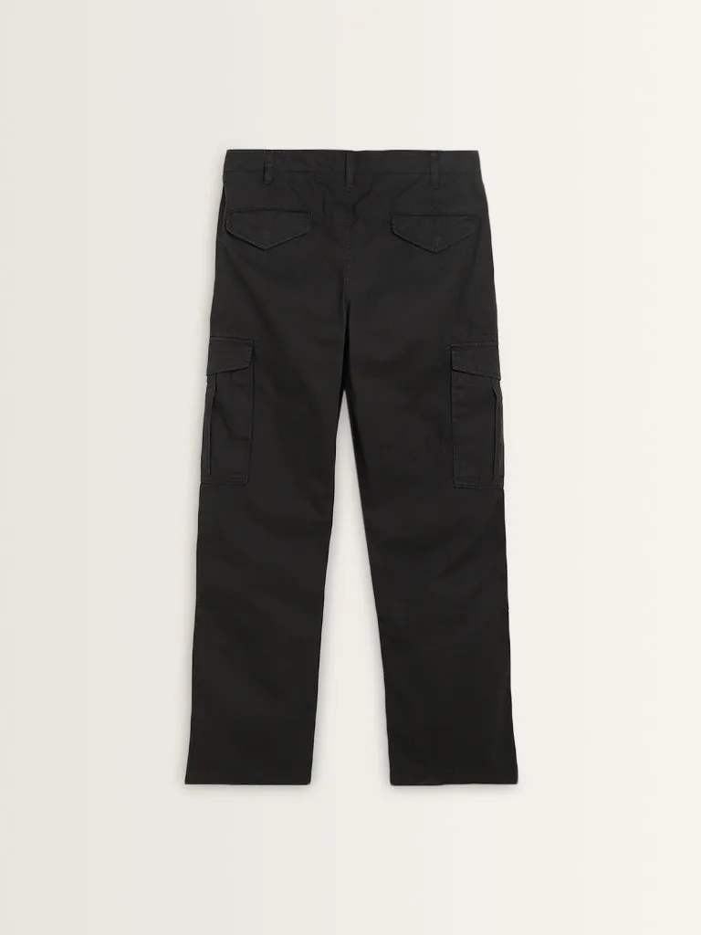 WES Casuals Black Relaxed-Fit Mid-Rise Cotton Trousers