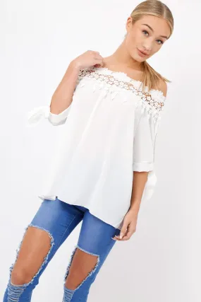 White Crochet Bardot Top - Evelina