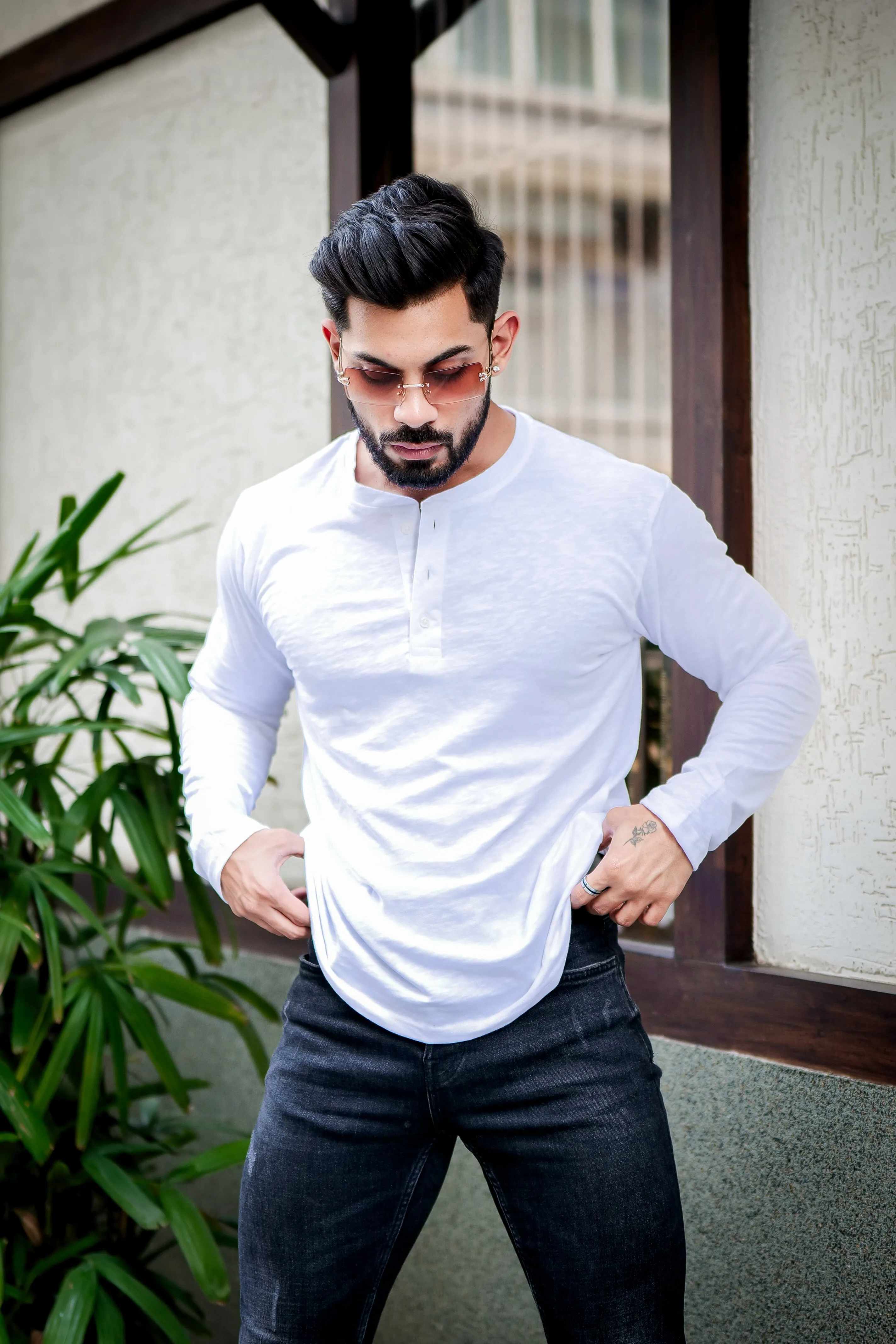 White Self Design Henley T-Shirt