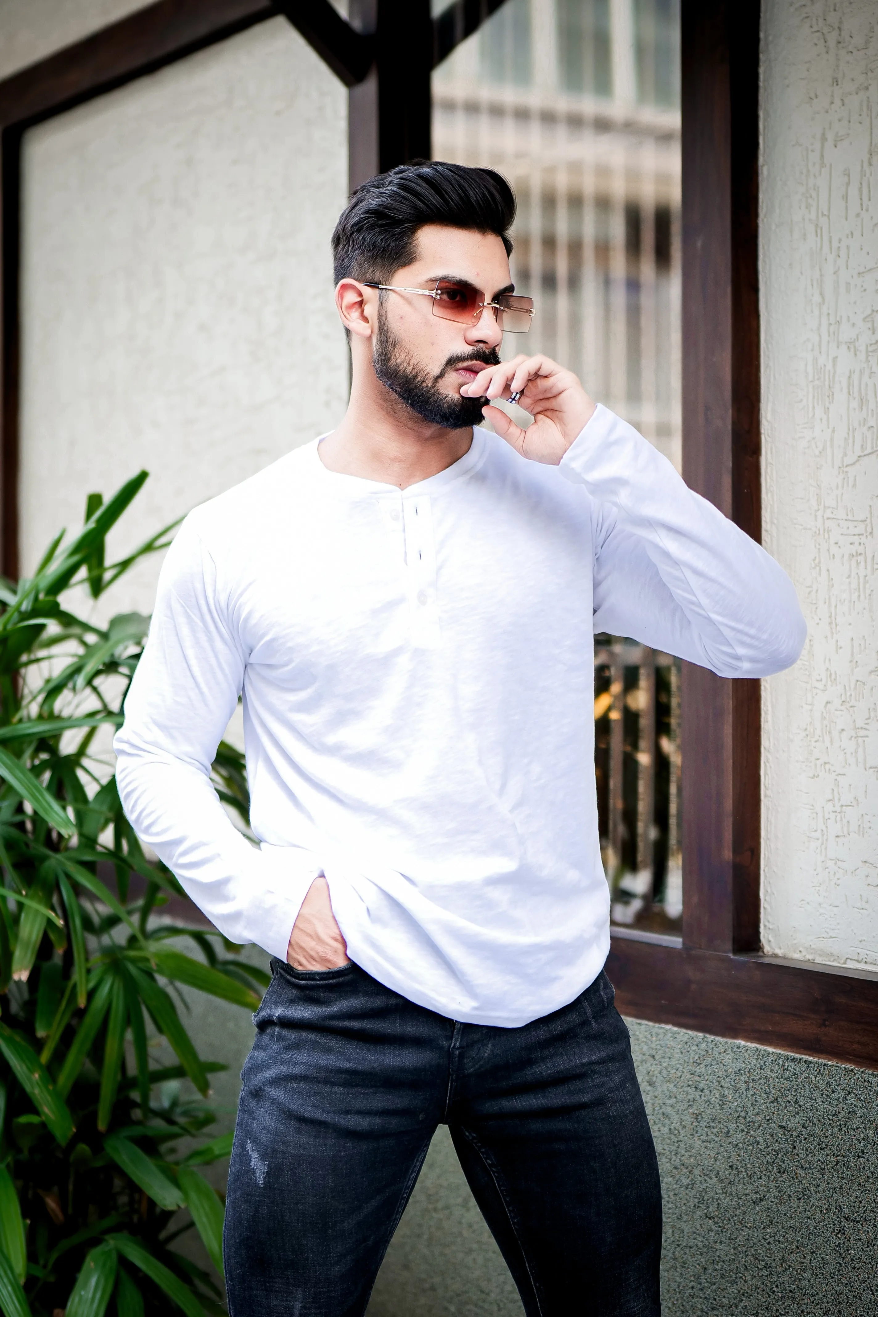 White Self Design Henley T-Shirt