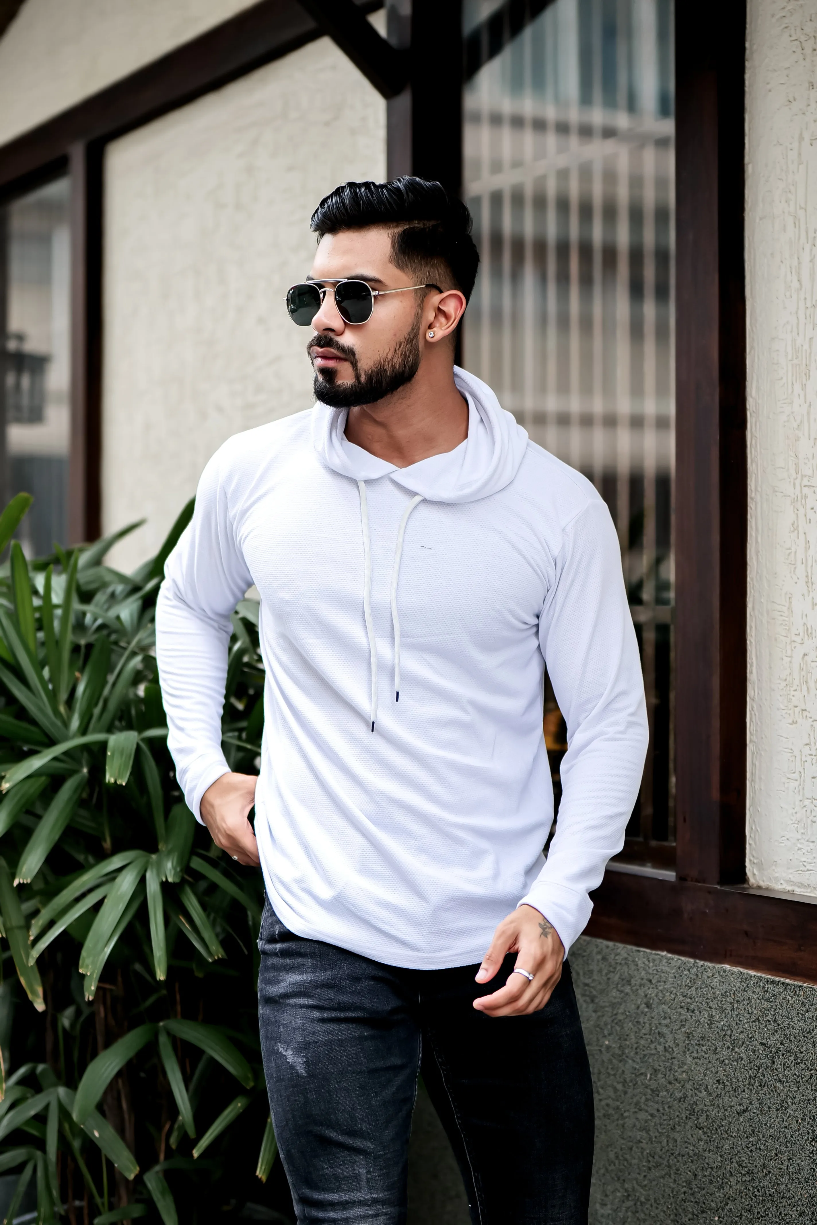 White Self Design Hooded Neck T-Shirt