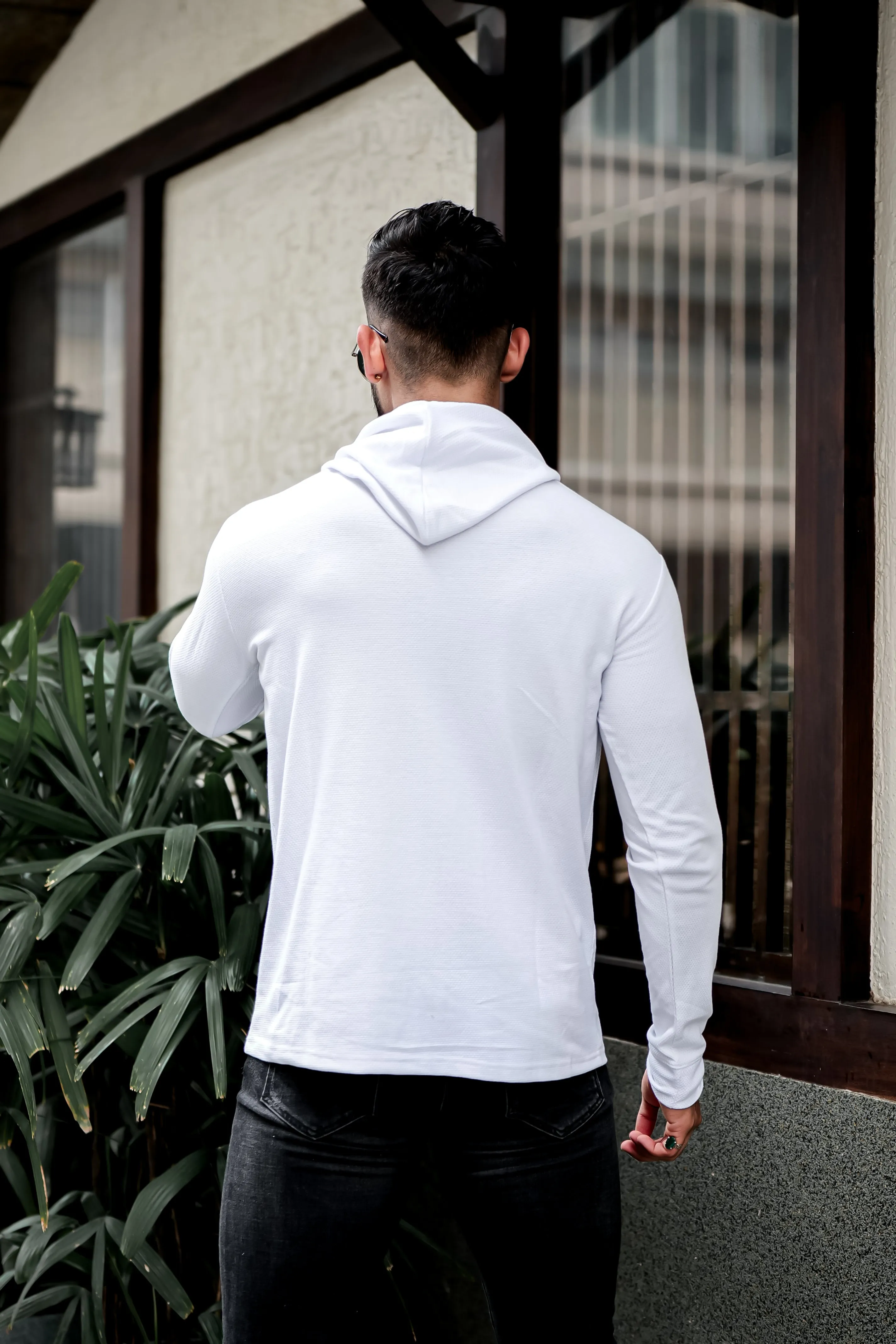 White Self Design Hooded Neck T-Shirt