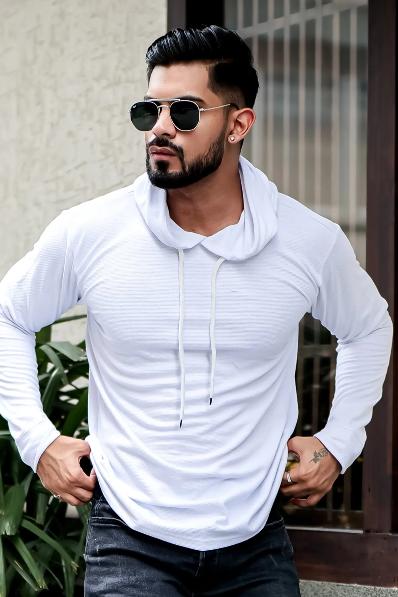 White Self Design Hooded Neck T-Shirt