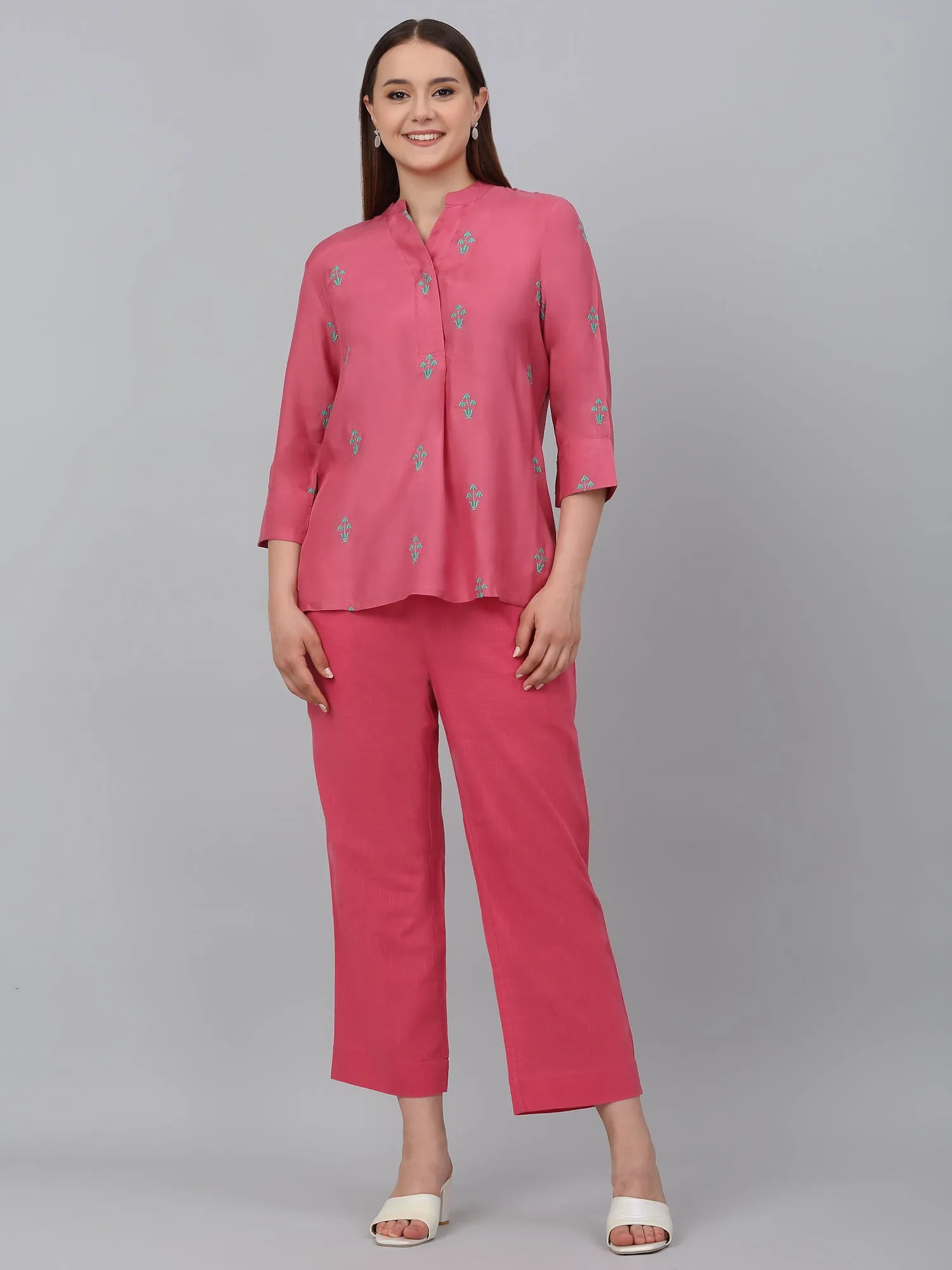 Women's Pink Embroidery Casual Co-Ord Set