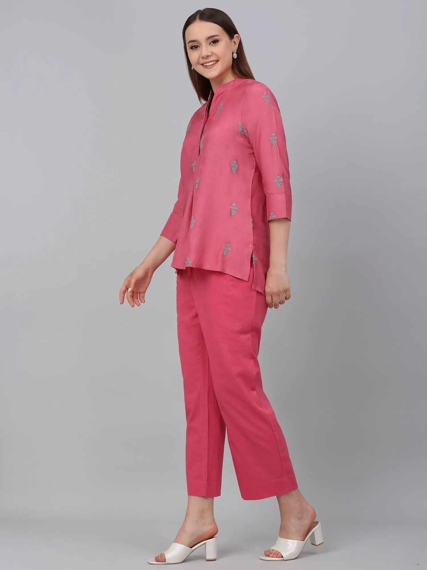 Women's Pink Embroidery Casual Co-Ord Set