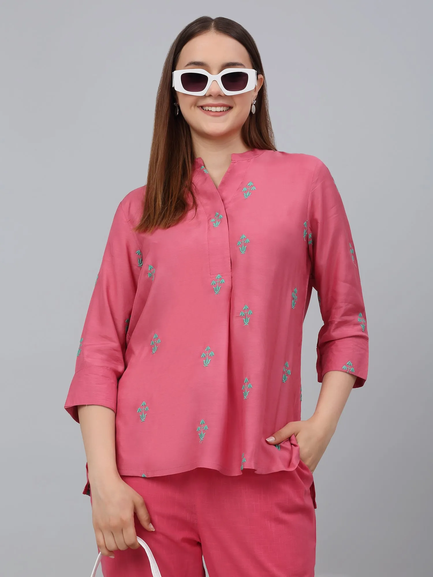 Women's Pink Embroidery Casual Co-Ord Set