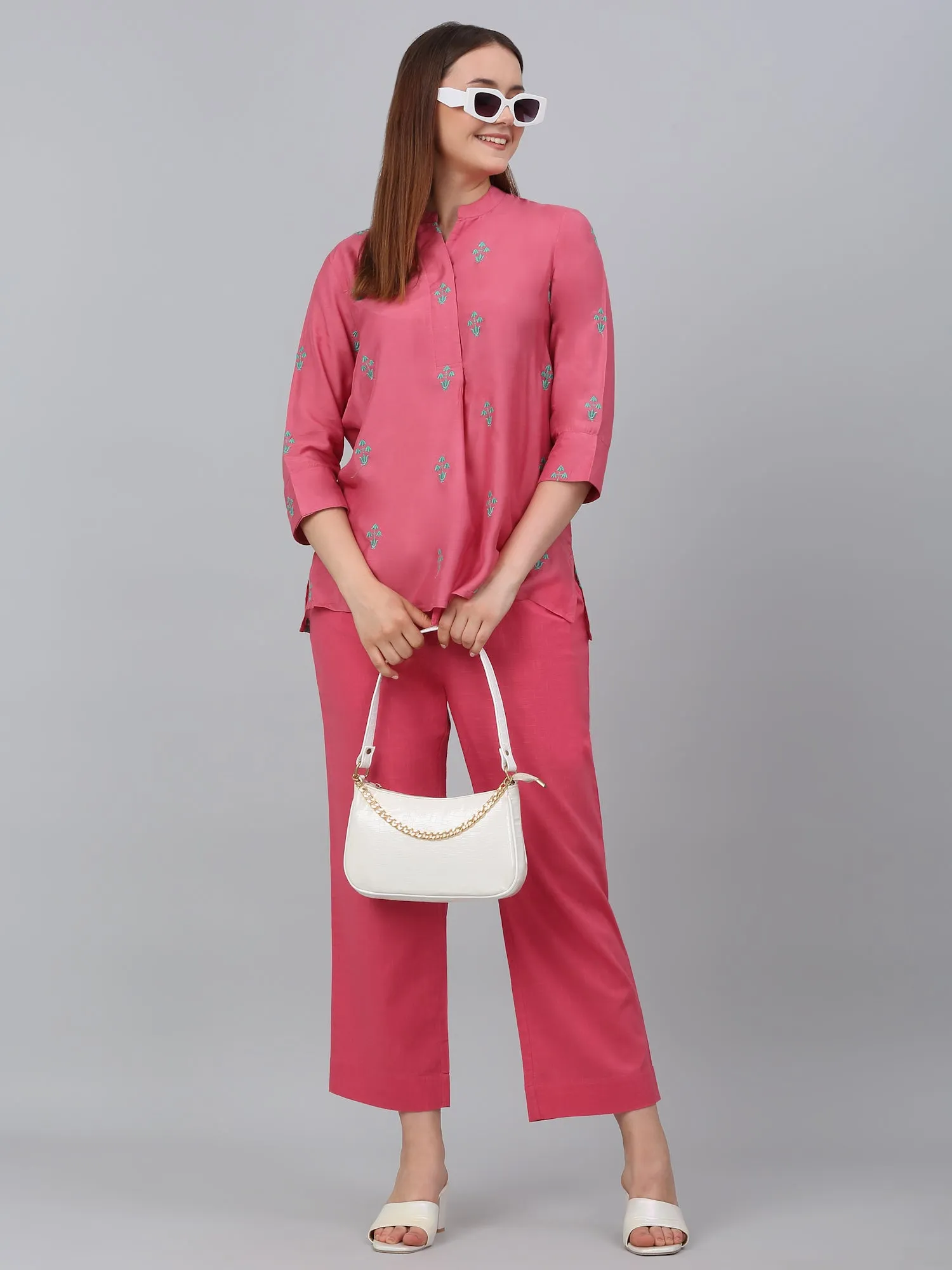 Women's Pink Embroidery Casual Co-Ord Set