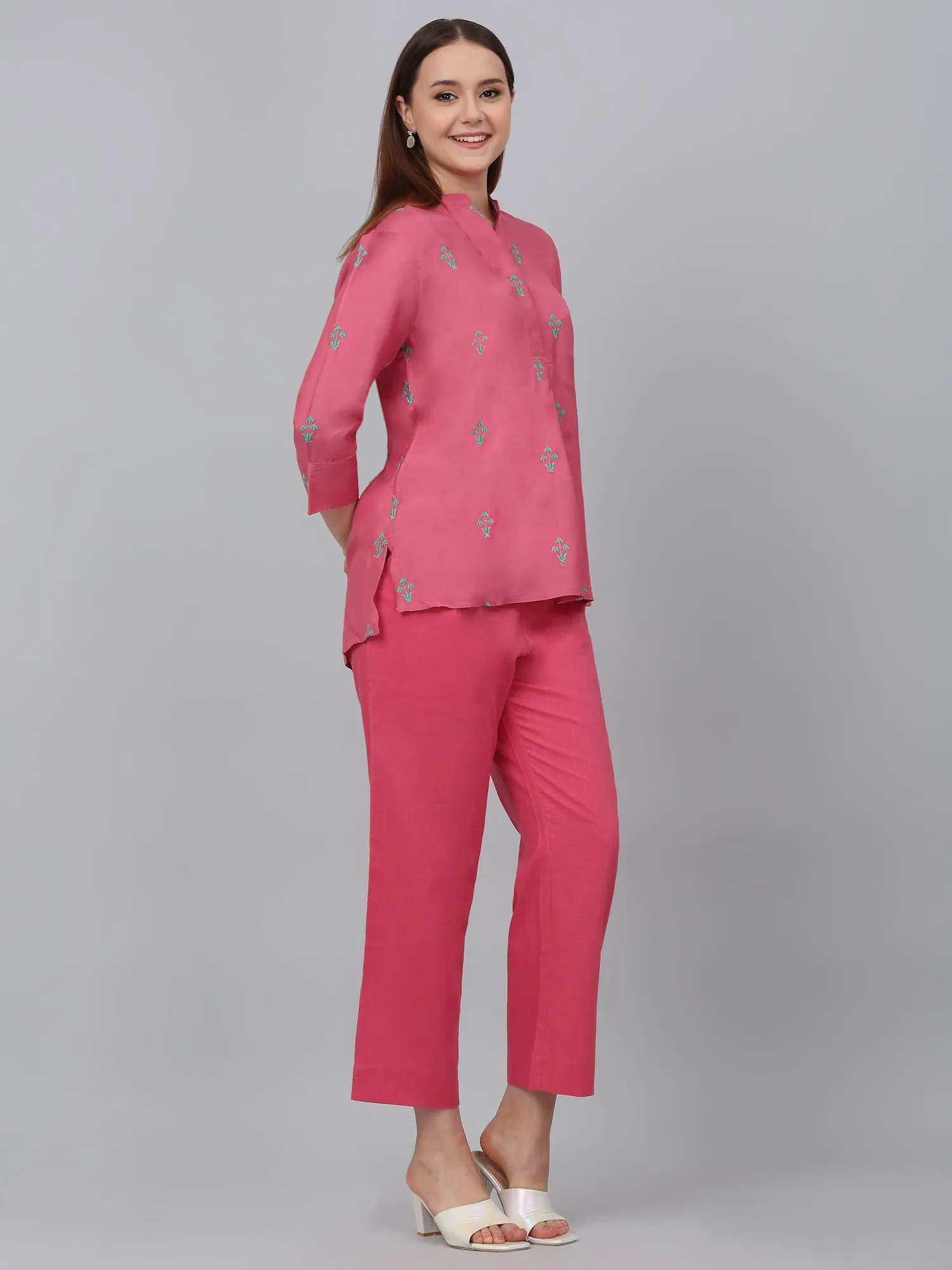 Women's Pink Embroidery Casual Co-Ord Set